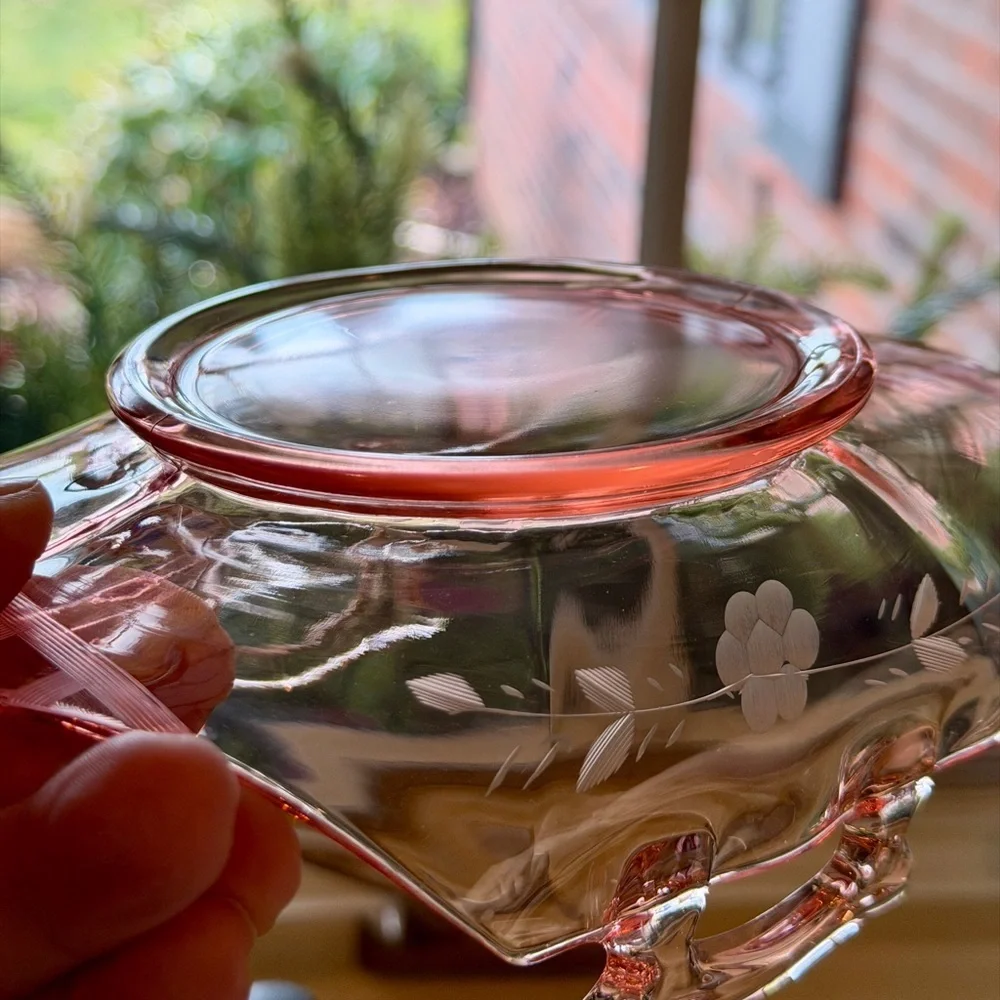 VINTAGE, PINK DEPRESSION GLASS DISH WITH FLORAL ETCHING ON SIDES